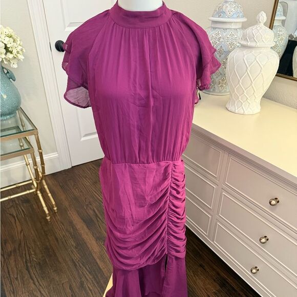 Mila Mae Plum Ruched Chiffon Maxi Dress Flutter Sleeves Lined Flowy Dress-EE9 - Picture 7 of 10